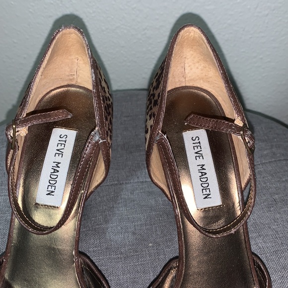 Steve Madden Maggie leopard print peep toe platform heels Sz 7.5 ankle tie - Picture 9 of 17